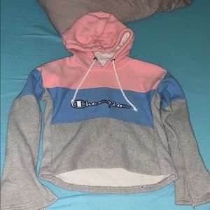Champion grey pink and blue cropped hoodie